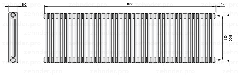 Схема (чертеж) Радиатор Zehnder Charleston 3100/40 №7610 Белый глянцевый RAL 9016